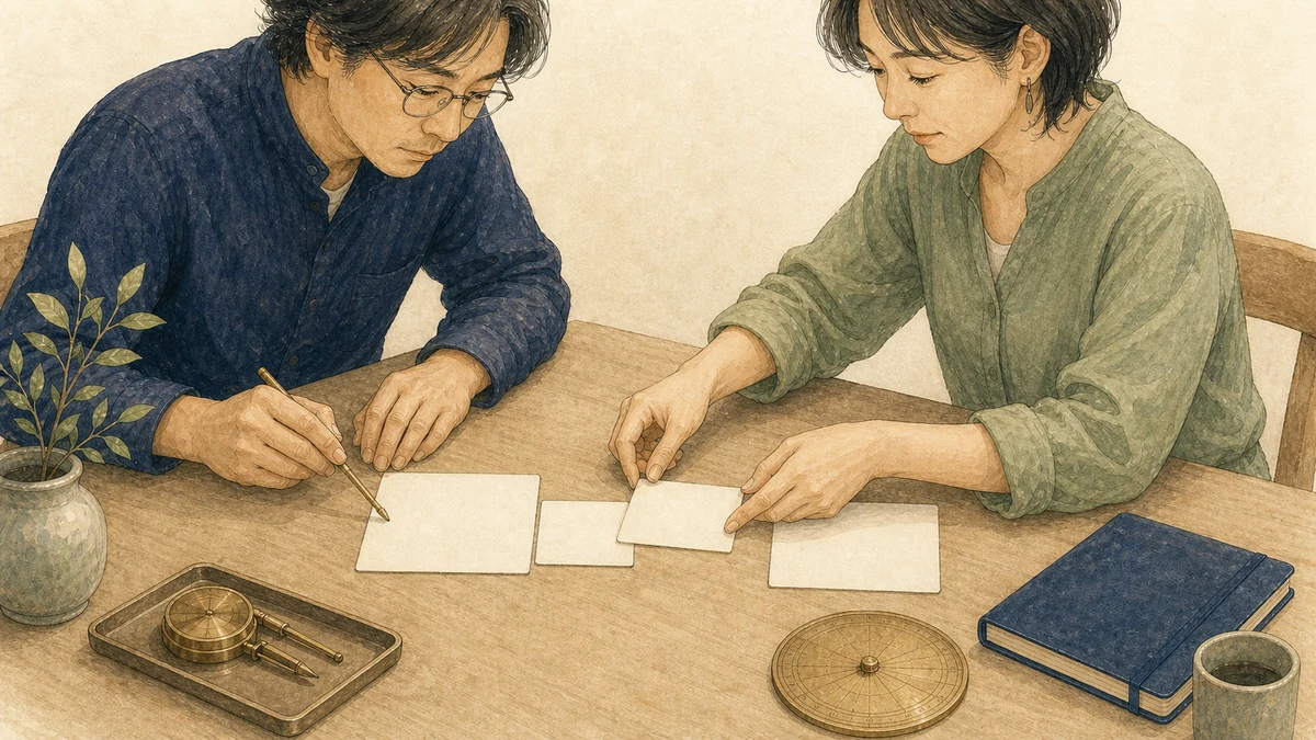 藍とセージの服を着た二人が、別々の白紙カードの間へ小さな橋カードを共同で置く水彩イラスト