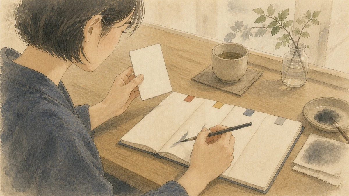 診断結果を横に置いた人物が無地の記録帳へ最近の仕事と対人場面を書き分け、日干の傾向を照合する彩墨画