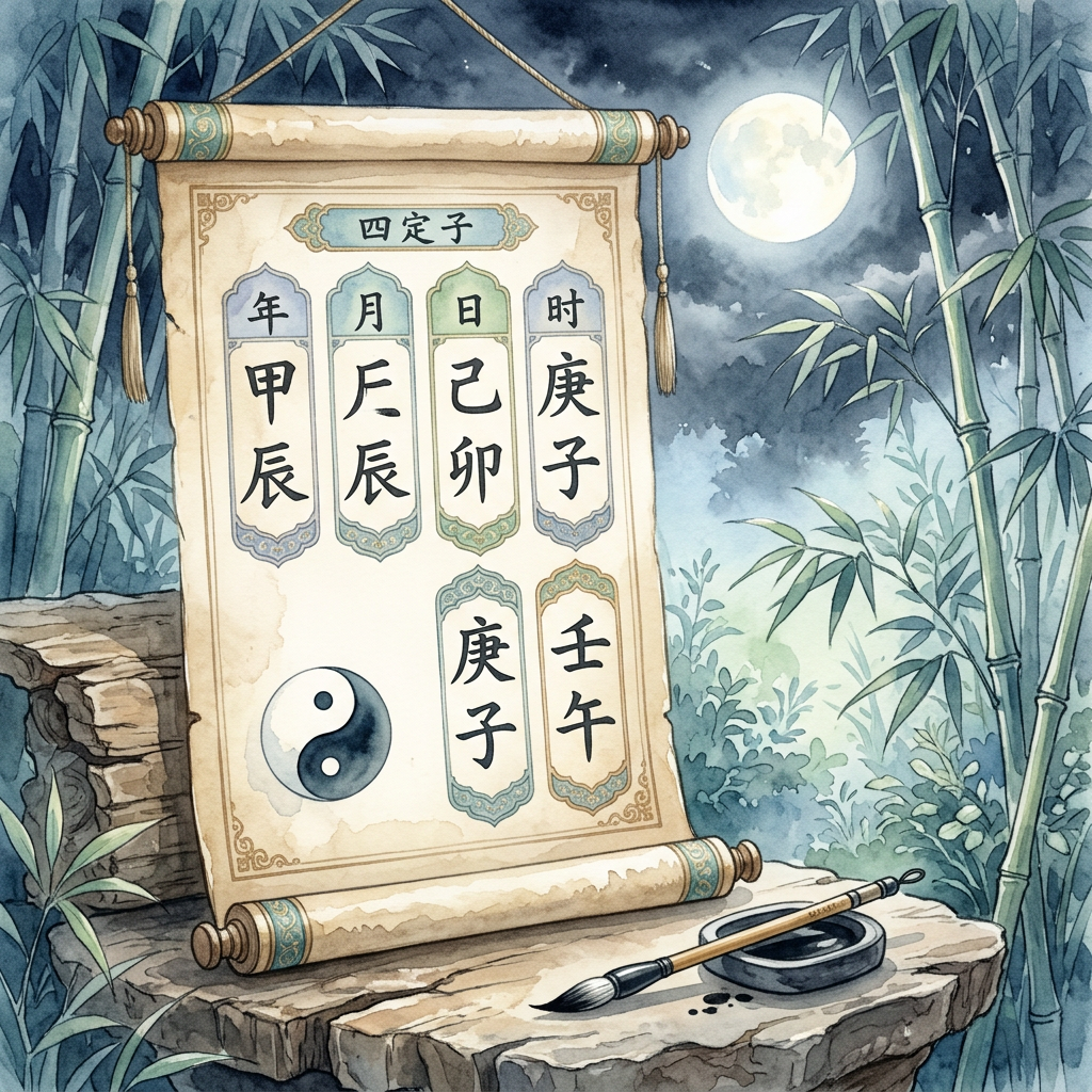 四柱推命の命式（八字）イメージ：古文書と干支の文字が描かれた竹巻物