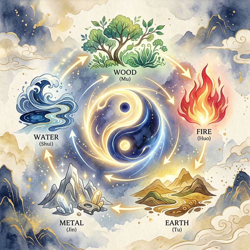 陰陽五行の循環図：木火土金水が相生・相剋の関係で結ばれた円形ダイアグラム