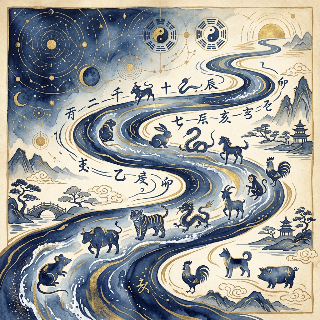 四柱推命の大運（人生の転換期）イメージ：時間の流れと干支の記号が流れる天空図