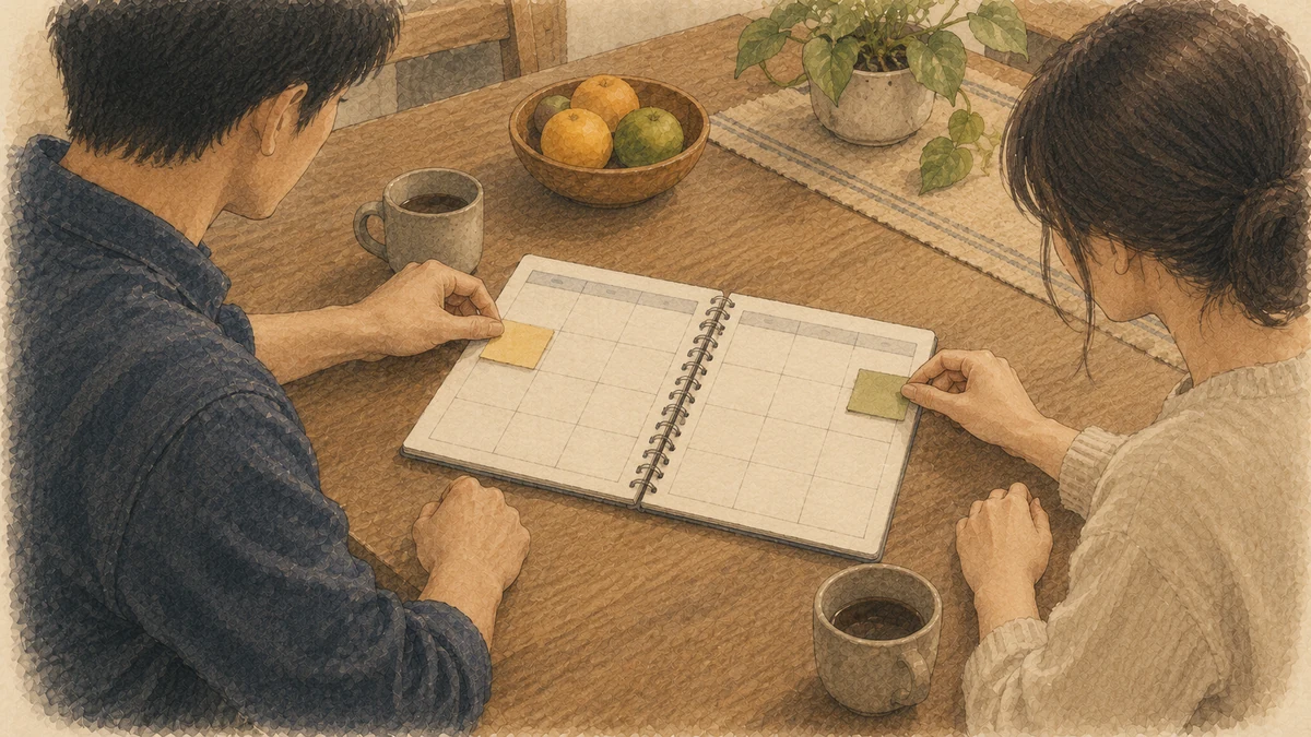 一つの予定表を見ながら、二人がそれぞれの担当を付箋で相談する