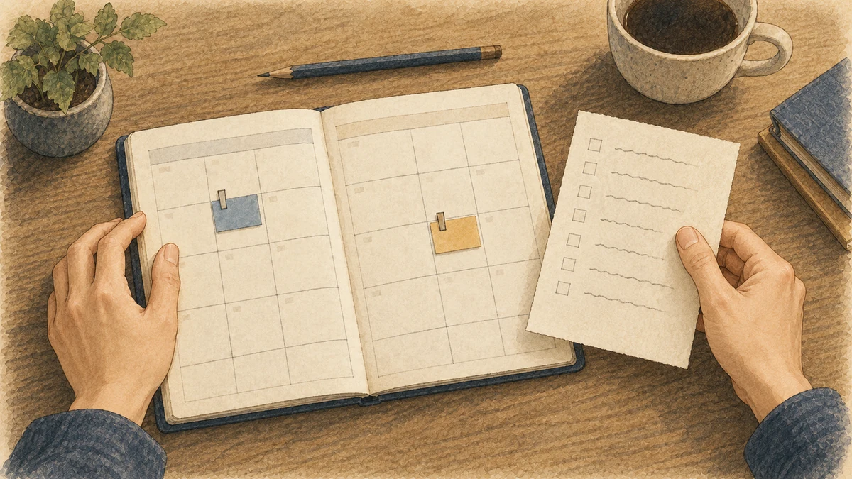 二つの候補日の札を置いた予定表と、準備条件のメモを見比べる