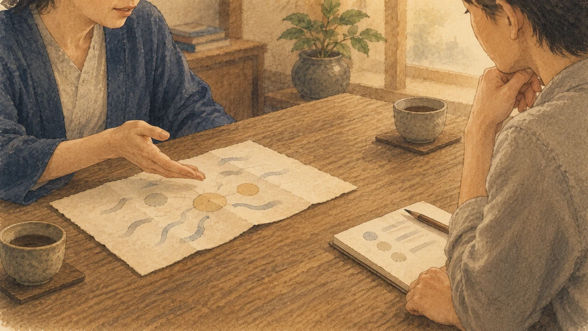 相談の場で占いの図と現実の条件メモを別々に置いて話し合う
