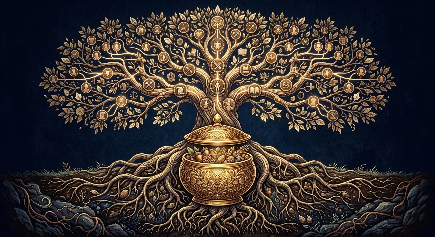 墓の先祖との繋がりと知恵の継承を象徴するイラスト