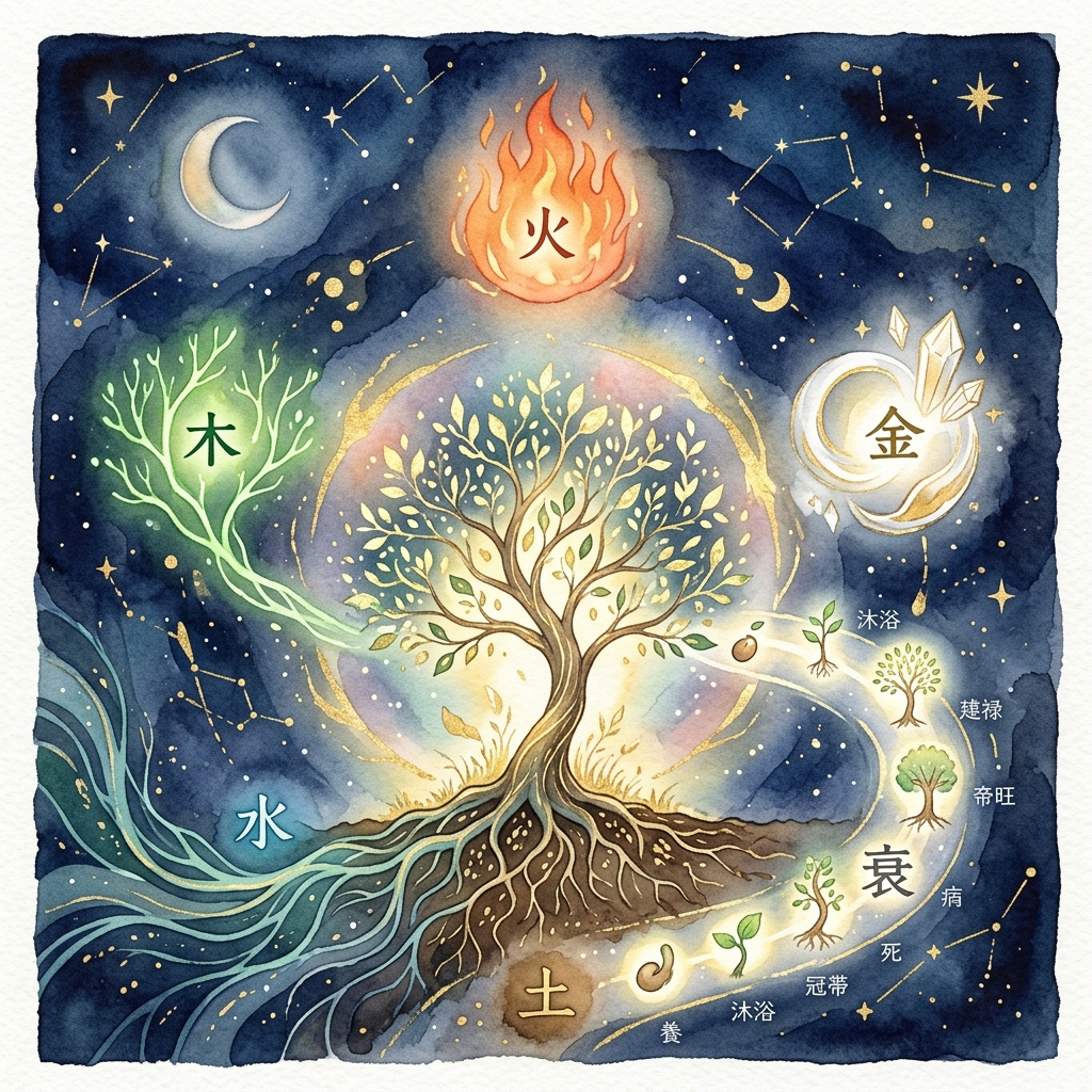 四柱推命の十二運と五行の循環を象徴するイラスト