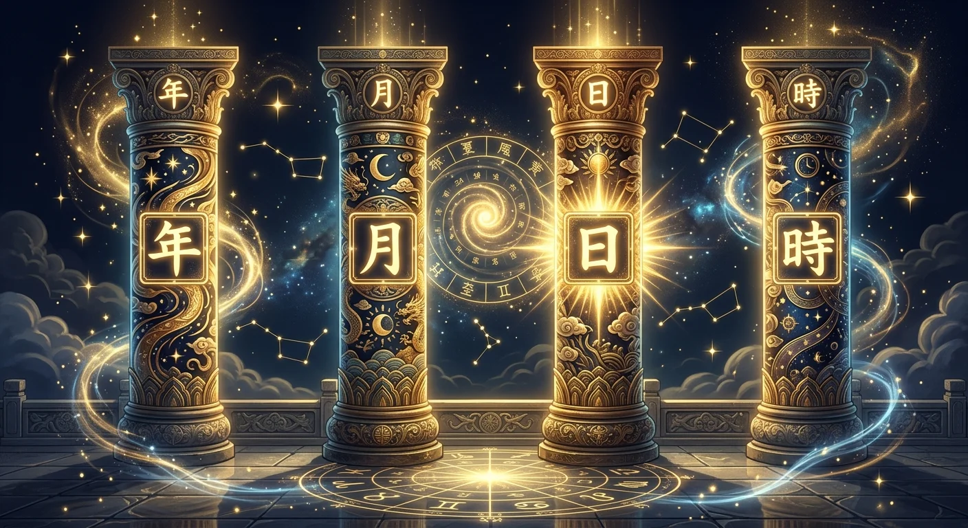 四柱推命の四柱(年柱・月柱・日柱・時柱)を表す幻想的なイラスト