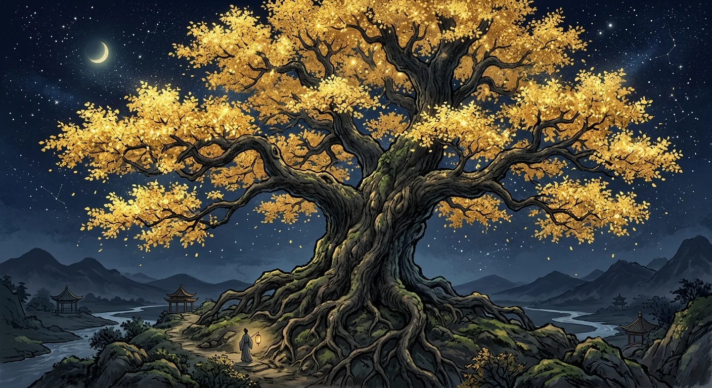 建禄の安定と成熟を象徴する大木のイラスト