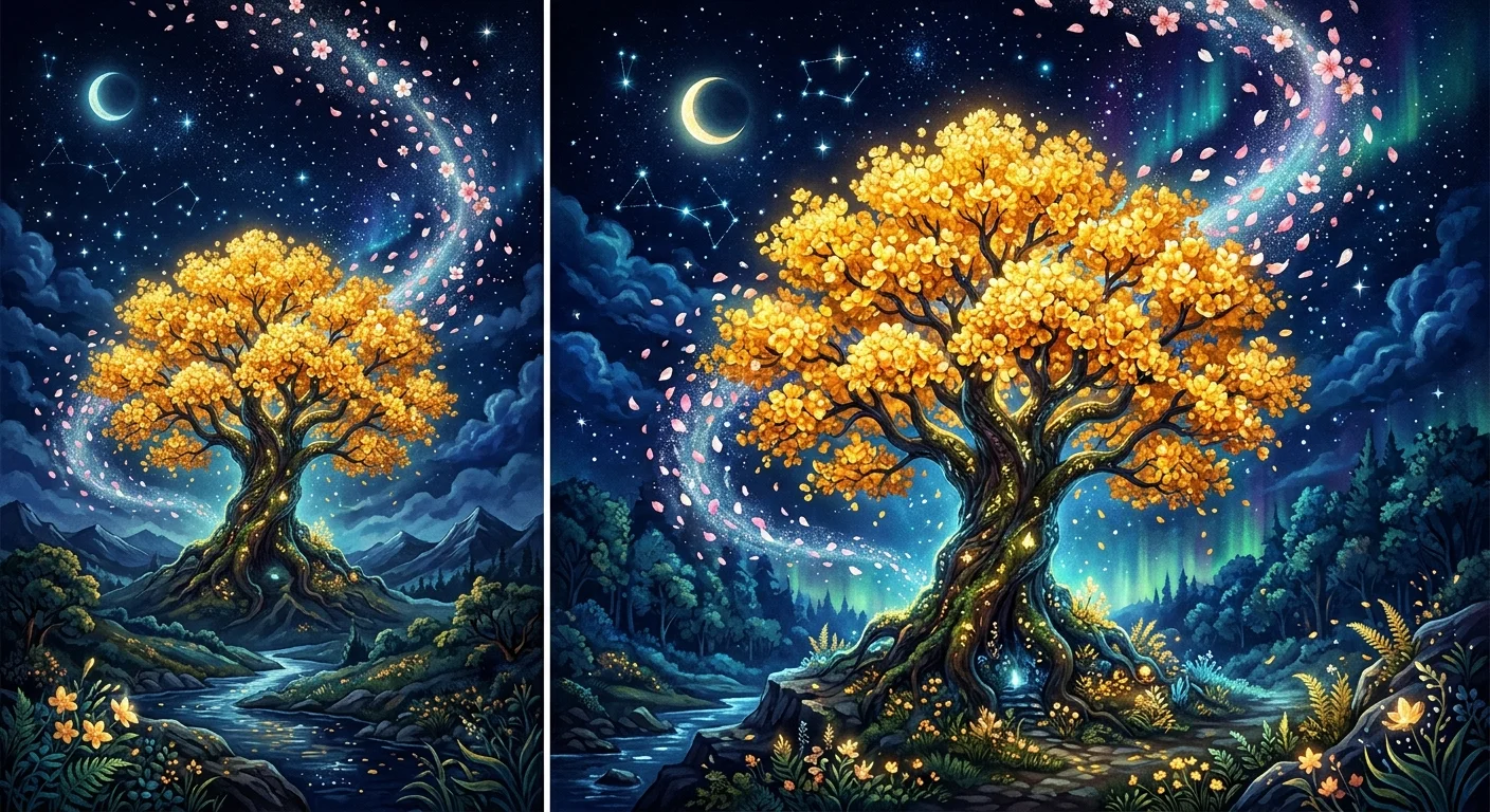 満開の花を咲かせる大木のイラスト（帝旺のピークエネルギーの象徴）