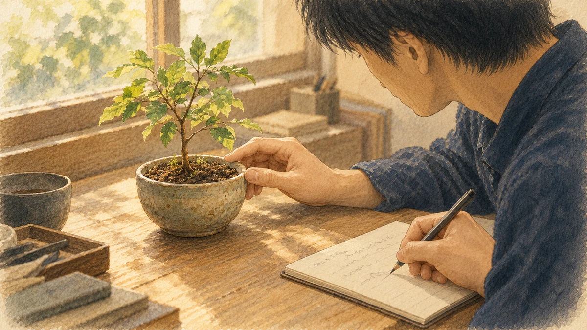 窓辺の若木の根元と周囲の条件を観察し、手帳へ記録する比喩的な場面