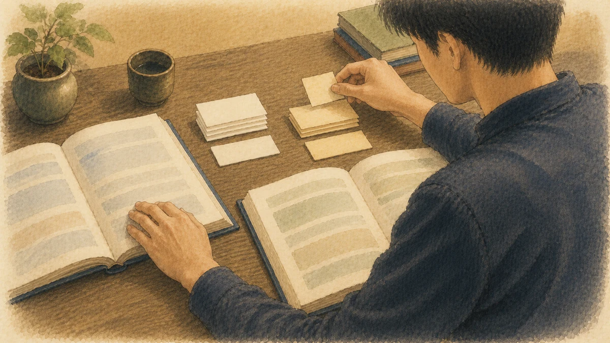 二冊の資料を読み比べ、出典ごとにメモを分ける学習者