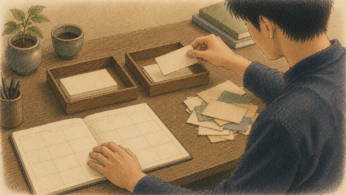 仕事のカードをトレーへ分け、手帳で予定を確認する人