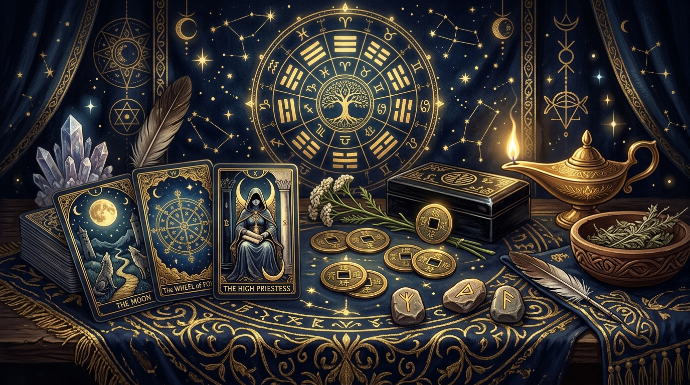 卜術の代表的な占術（タロット・易・ルーン）を象徴するイラスト