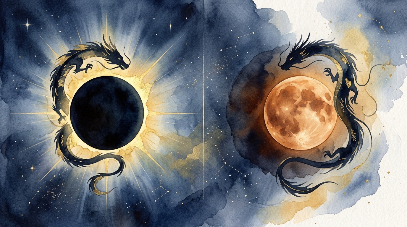 ドラゴンヘッドと日食・月食の関係を示すイラスト