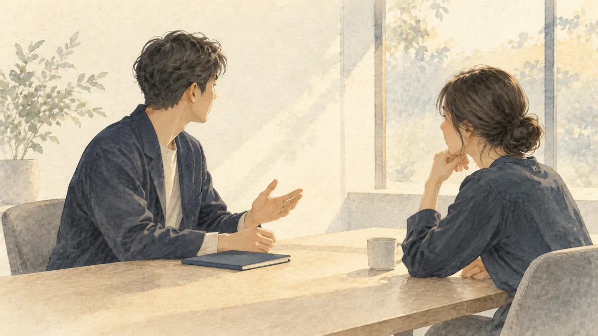 小さな会議でノートを閉じ、自分の考えを話す人と耳を傾ける相手