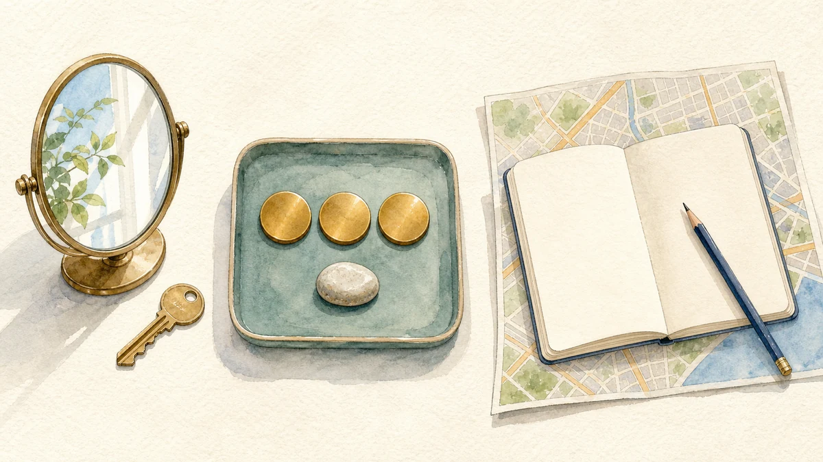 A mirror and key, three blank brass tokens with a keepsake, and a blank notebook on an unlabeled map represent the first three house life areas