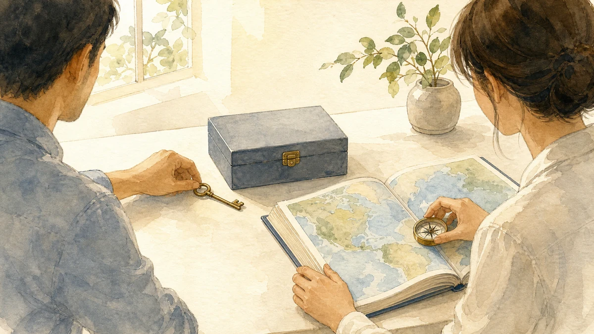 Two people share a key over a closed box beside an unlabeled atlas and compass, representing partnership, shared resources, and wider inquiry