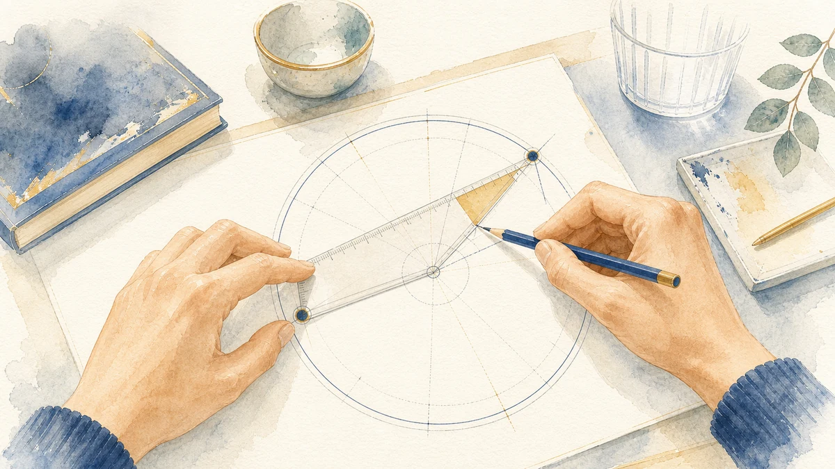 Hands use a transparent angle guide to compare two points on an unlabeled circular chart