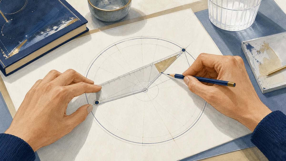Hands use a transparent angle guide to compare two points on an unlabeled circular chart