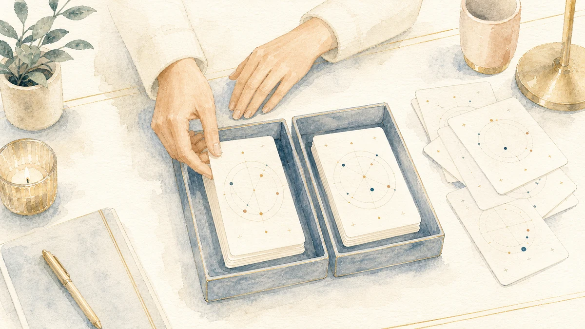Hands sort unlabeled chart cards into equal first-pass and later-review trays