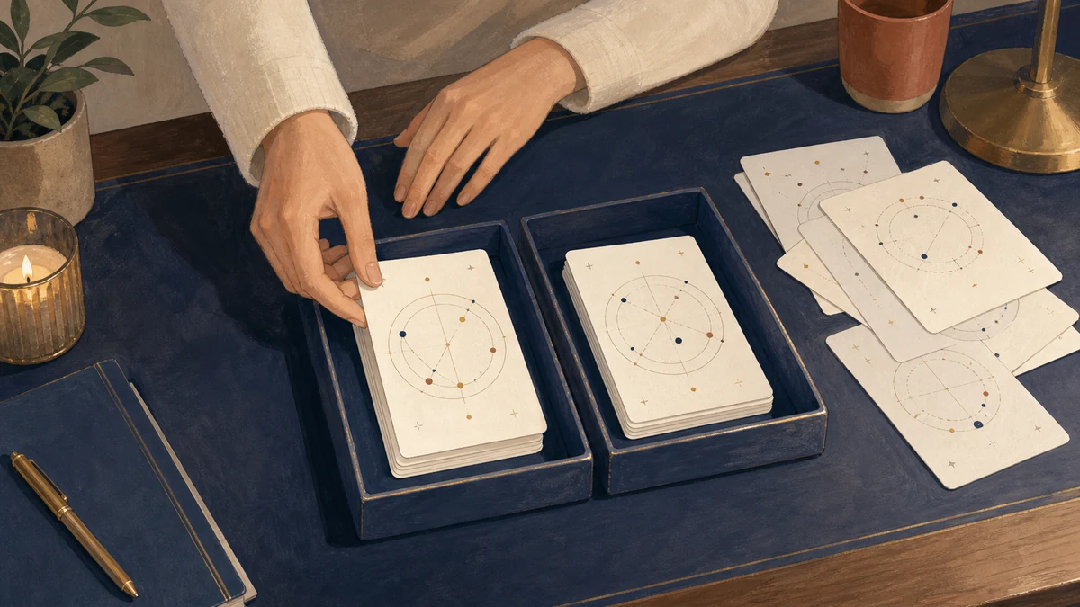 Hands sort unlabeled chart cards into equal first-pass and later-review trays