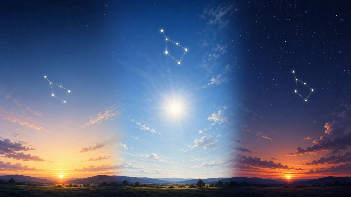 A wide editorial scene showing stars shifting across three local horizons from dawn to dusk