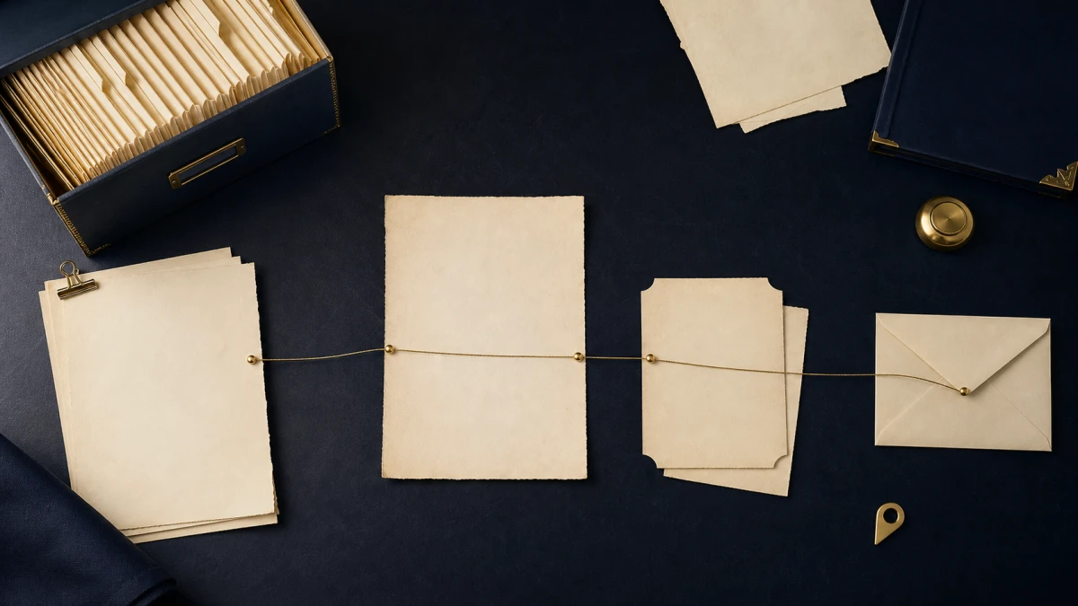 An overhead archival still life with an open record box, blank certificate forms, a map pin, and a gold thread connecting evidence