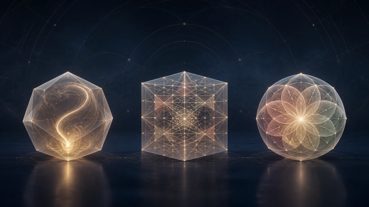 Three distinct translucent geometric forms suggesting insight, practical structure, and compassionate expression