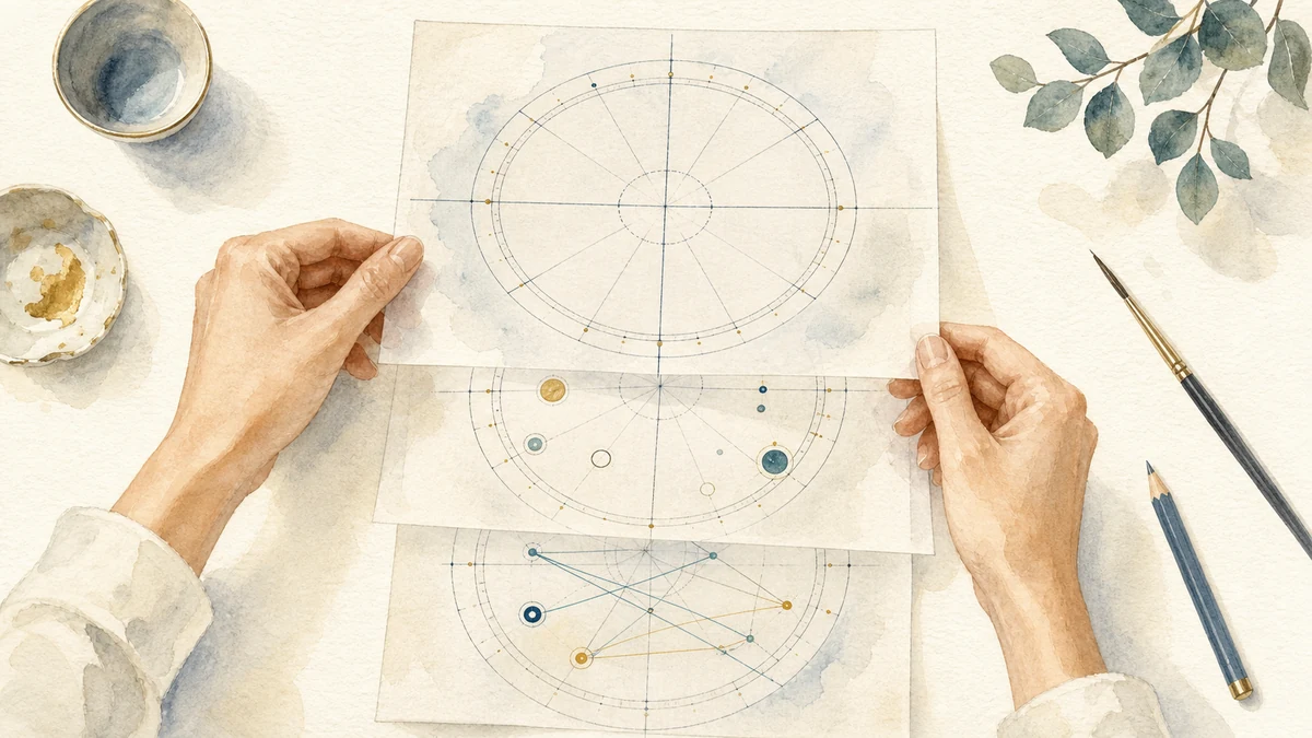 Hands align separate translucent birth-chart layers for axes, core planets, and selected aspects in a deliberate reading order