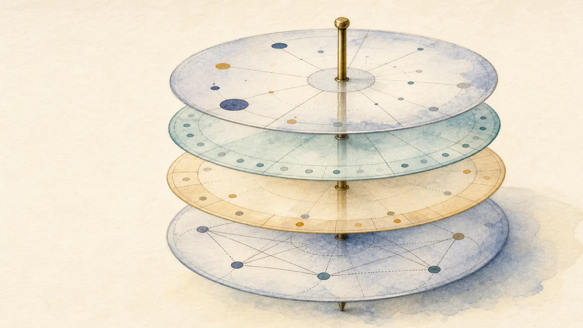 Four translucent birth-chart layers for planetary function, sign style, house location, and aspect relationships align on one central pin