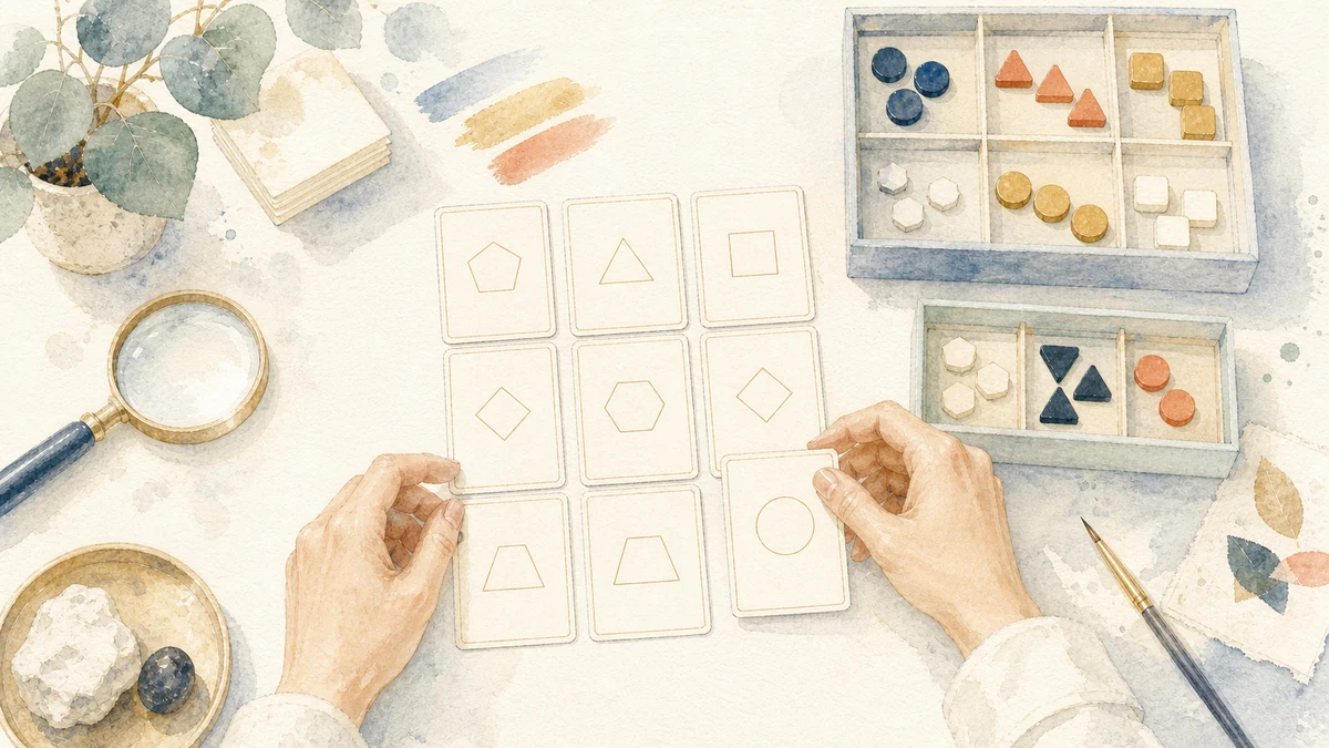 Hands align equal unlabeled study cards beside evidence trays and a magnifying lens