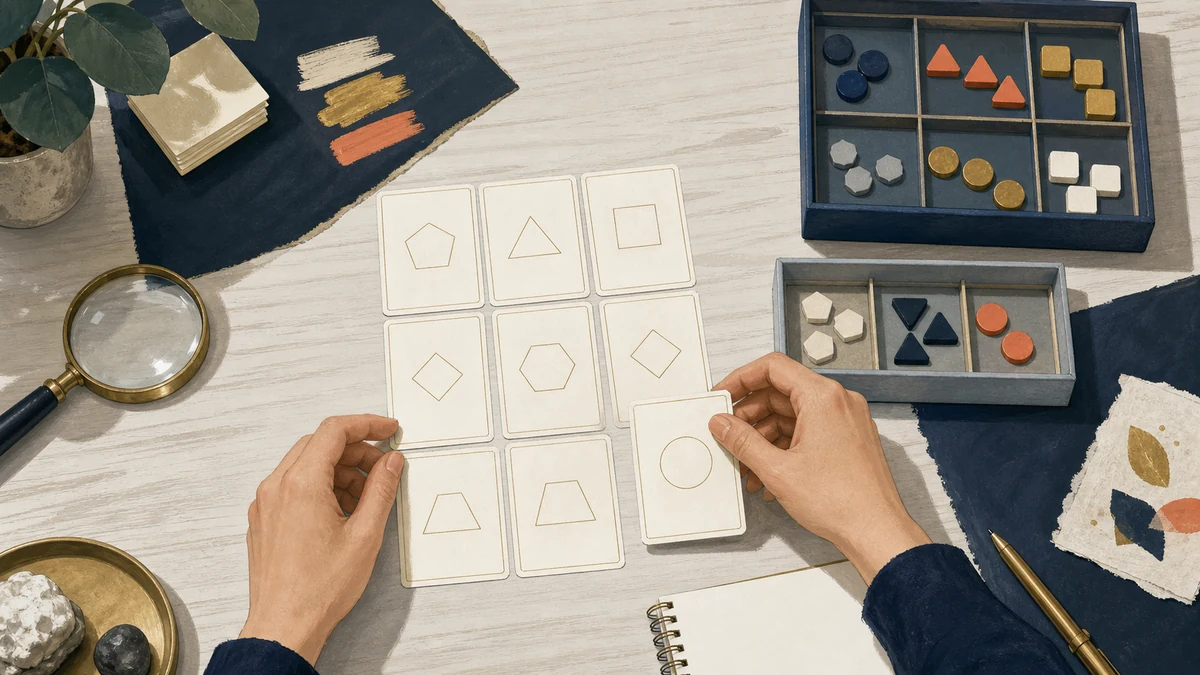 Hands align equal unlabeled study cards beside evidence trays and a magnifying lens
