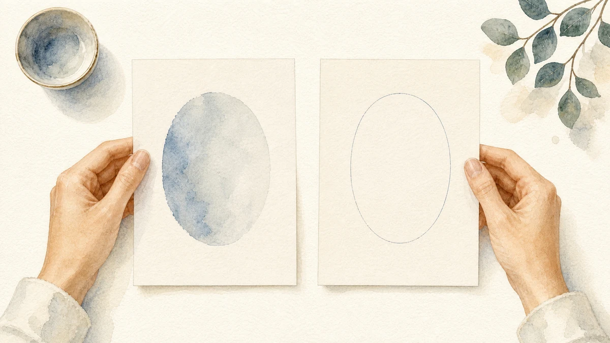 Hands compare two equal abstract cards with filled and outlined observation states
