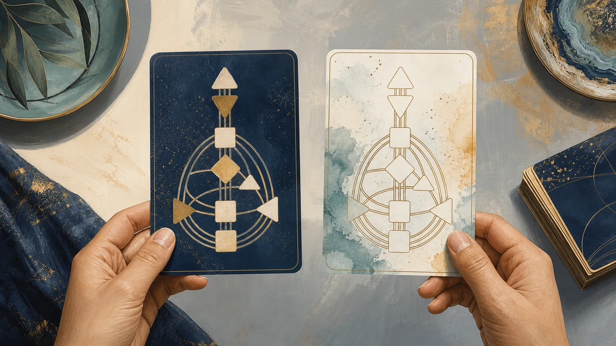 Hands compare two equal abstract cards with filled and outlined observation states