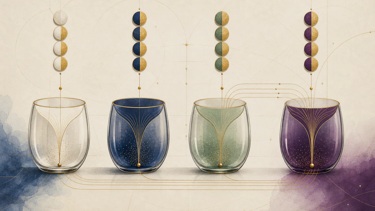 Four equal translucent vessels fed by distinct date segments and joined through one orderly composite channel