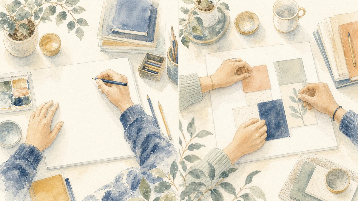 Equal scenes show hands beginning a quiet draft and hands beginning a shared project