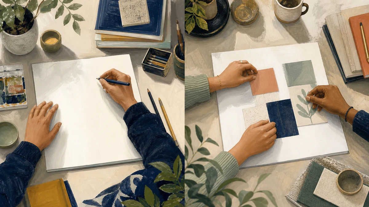 Equal scenes show hands beginning a quiet draft and hands beginning a shared project