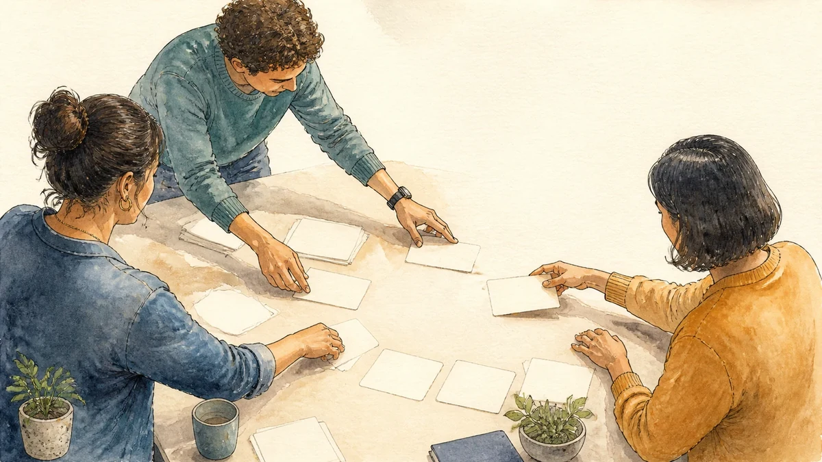 Two collaborators arranging space at a table so a quieter teammate can contribute to a shared plan