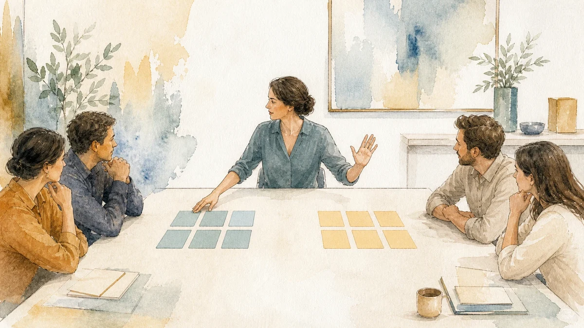 A mediator pausing between two project groups to note each concrete need before the discussion continues