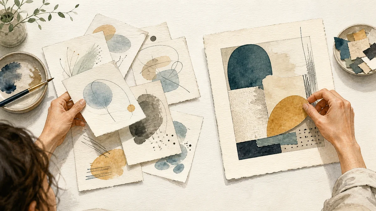 A creator moving several loose sketches into one finished editorial composition on warm ivory paper