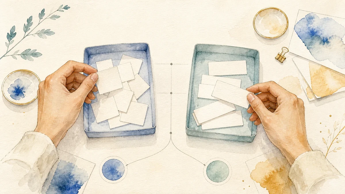 Hands sorting blank date tiles and name cards into separate trays on warm ivory paper