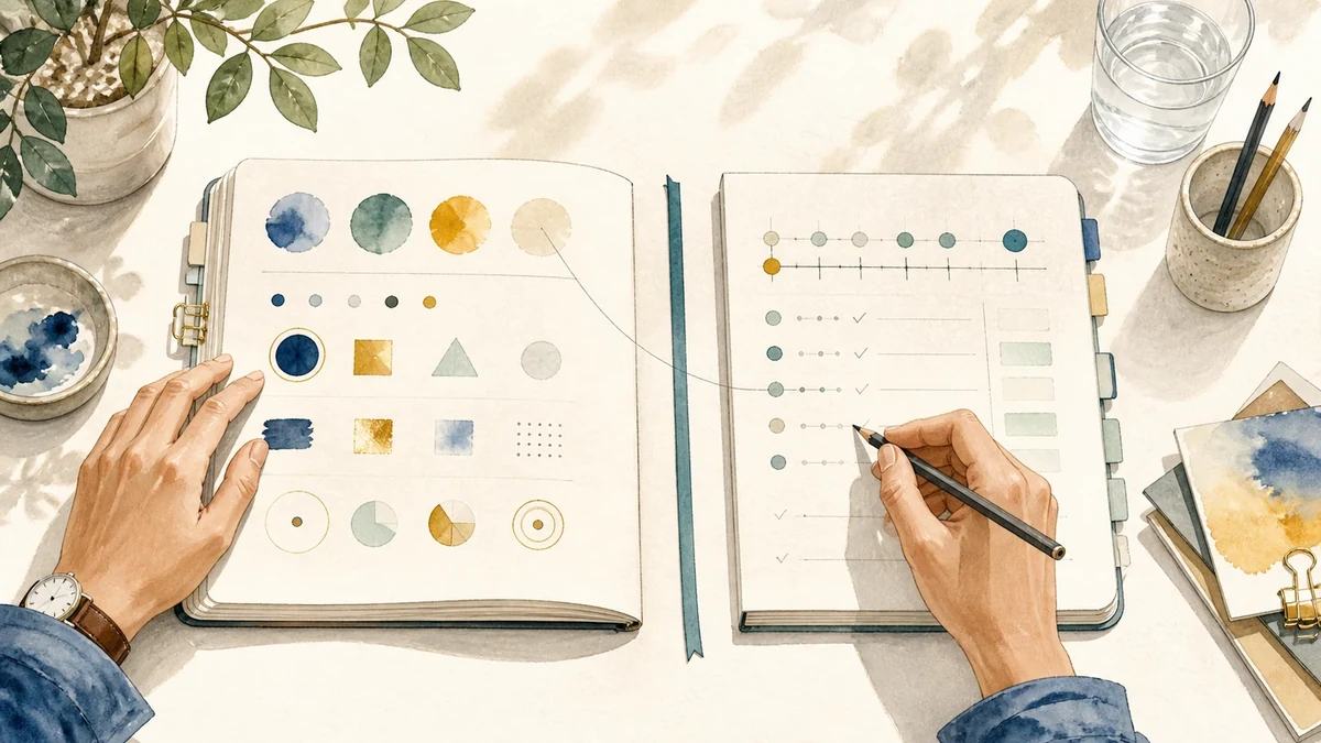 A reader comparing a page of symbolic number notes with a separate journal of lived observations