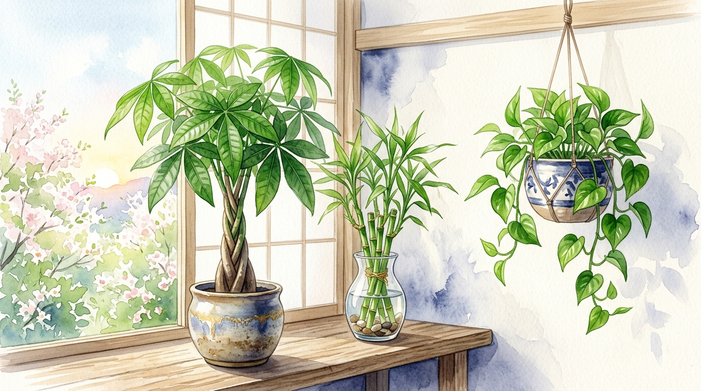 東の方角に置くおすすめ観葉植物：パキラ・ラッキーバンブー・ポトスで木の気を活性化