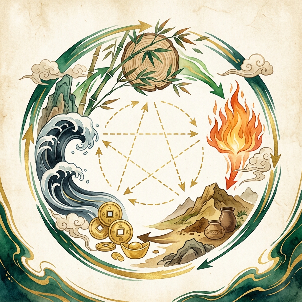 風水の五行（木・火・土・金・水）の相生・相剋サイクル図