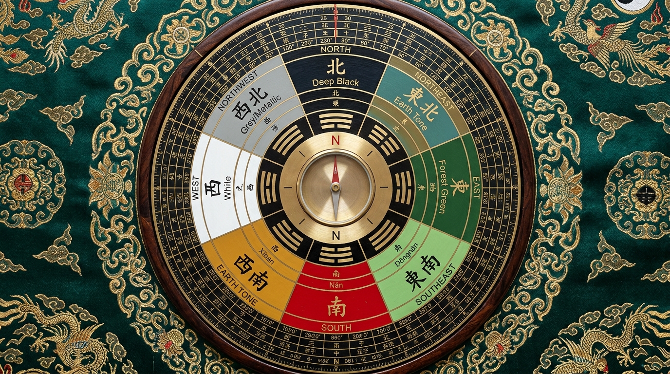 風水の8方角とラッキーカラーを示す羅盤イメージ