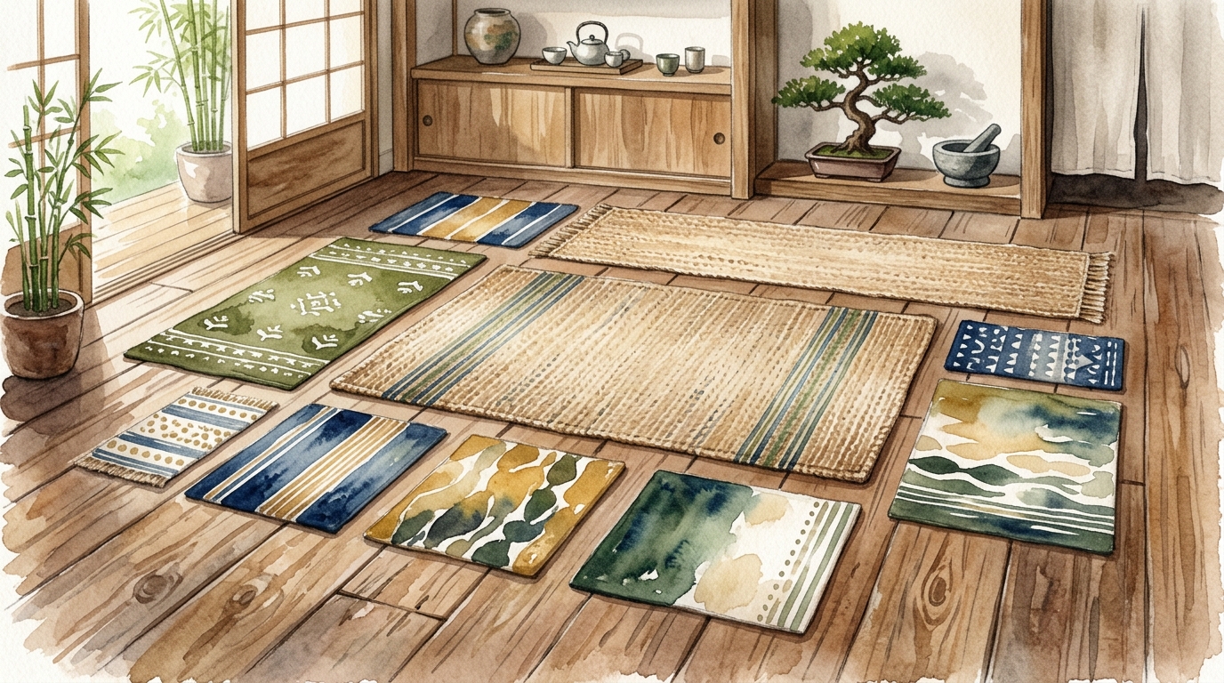 風水キッチンマットの選び方 — 方角別ラッキーカラーの天然素材（麻・コットン・い草）マットが並んだ和モダンな空間