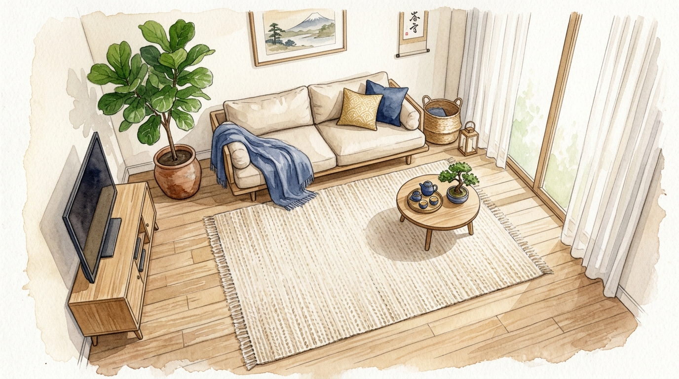 風水を取り入れたリビング全体のレイアウト：ソファは壁を背に、観葉植物をテレビ横のコーナーに配置