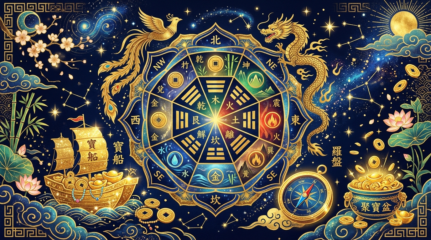 風水で金運アップ！方角・色・インテリアを象徴するイラスト