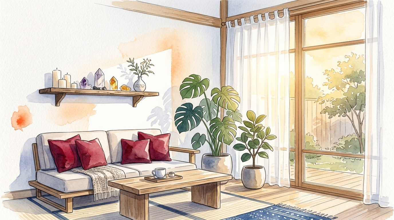 南向きの部屋に観葉植物と赤いクッションを配置した風水インテリア実例