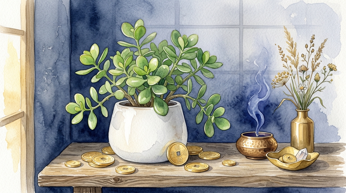 西の方角の開運コーナー：丸い葉の観葉植物とゴールド小物で金運を高める